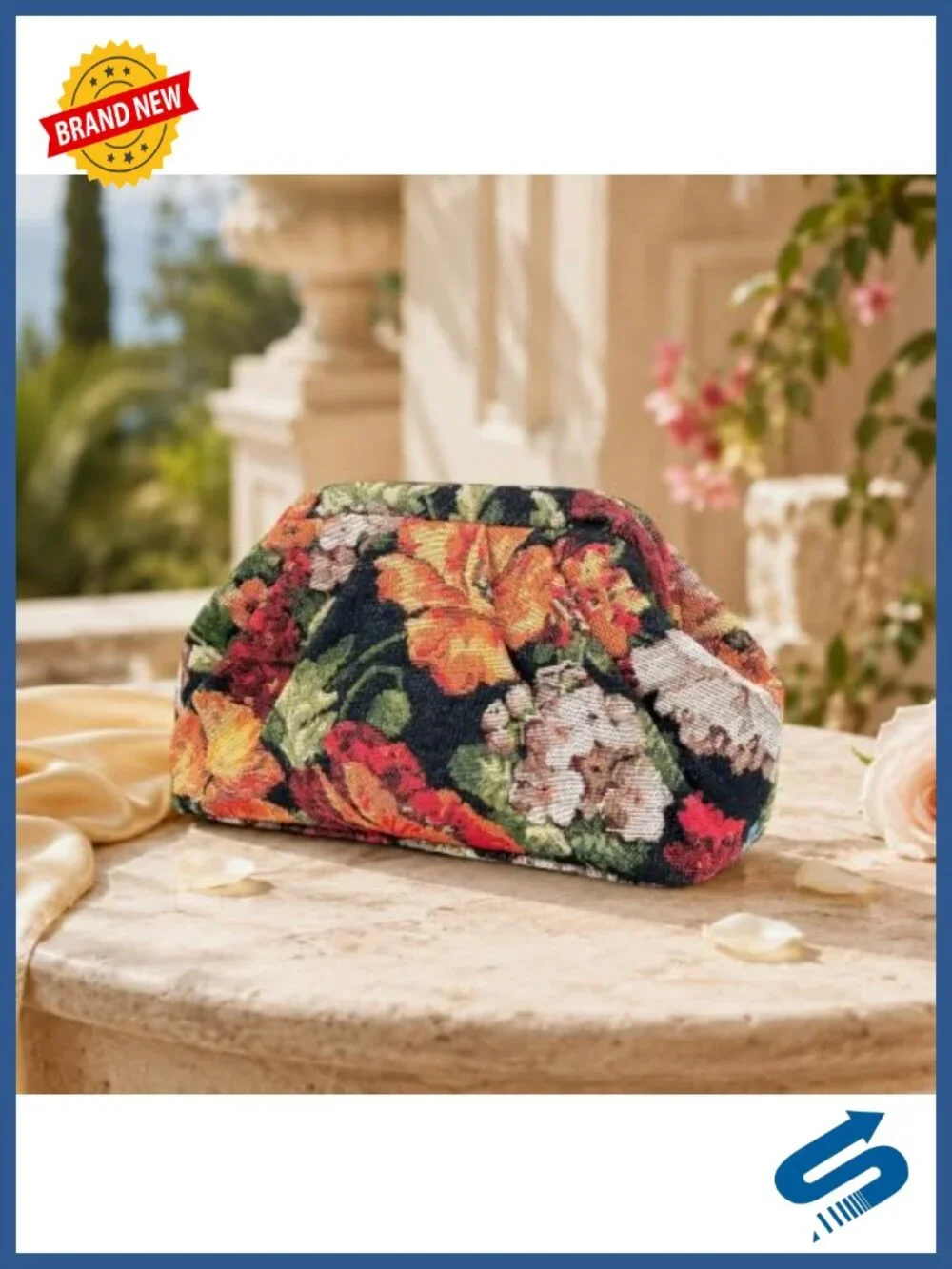 Women's Floral Leather Evening Clutch Purse Kiss Lock Rectangular Wedding Bag